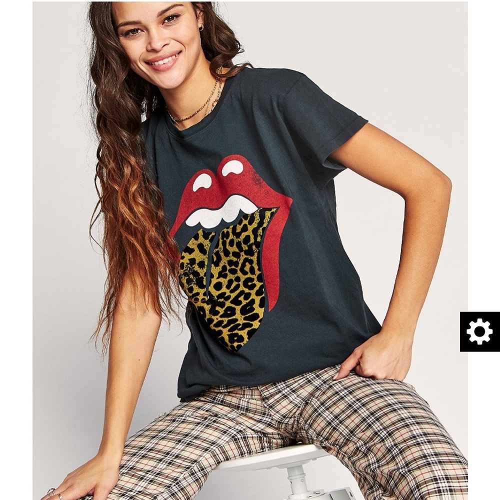 NWOT Daydreamer Free People Rolling Stones Flocked Leopard Tongue Tee, Ash XS